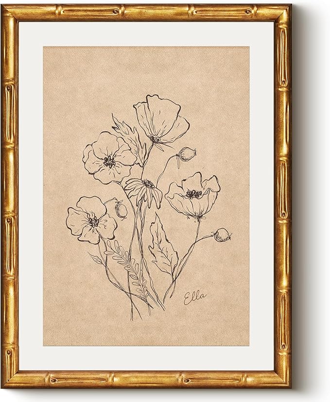 Vintage Gold Framed Canvas Wall Art 12x16 Inches Minimalist Botanical Line Art Flower Illustration, Neutral Beige Sketch Boho Floral Drawing Artwork, Modern Bedroom Bathroom Decor Gift