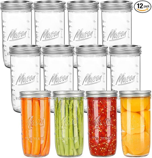 24 oz Wide Mouth Mason Jars - Canning Jars with Metal Airtight Lids and Bands, 24 ounce Mason Glass Jars for Fermenting, Pickling, Meal Prep, Overnight Oats, Jam, Jelly, DIY Projects (12 pack)