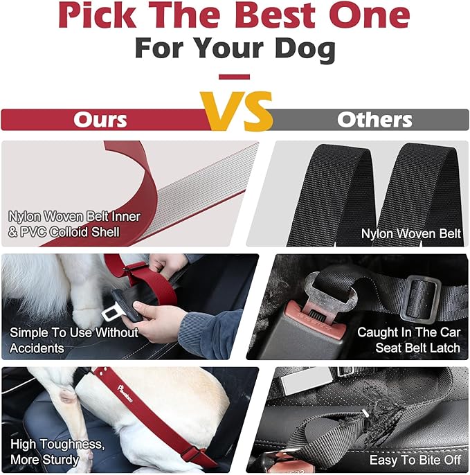 Pawaboo Dog Car Seatbelt, Universal Pet Safety Belt, Chew-Proof Dog Car Restraint with Adjustable Strap, Nylon Woven Belt & PVC Shell Dog Seatbelt, Dog Leash with 360° Hook,20 in, 2 Pack, Red + Black