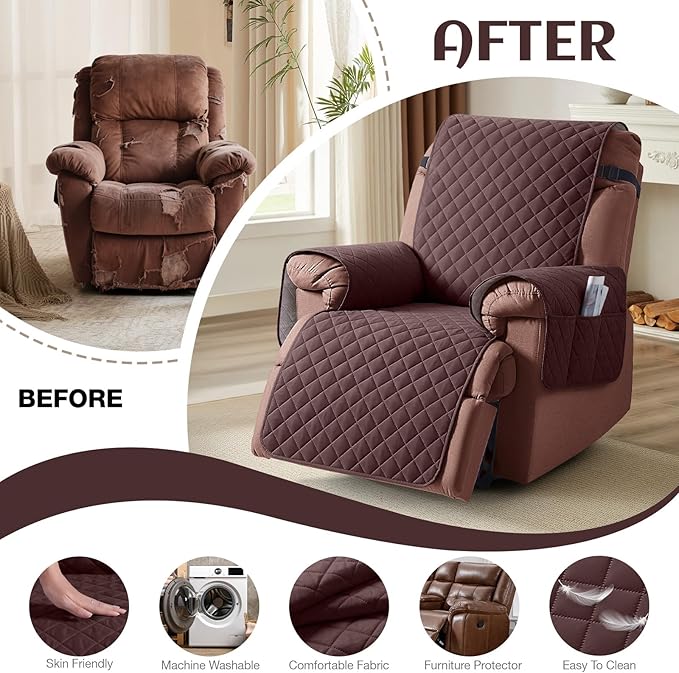 KinCam 100% Waterproof Recliner Chair Cover, Reclining Couch Covers for Pets, Dogs, Recliner Couch Slipcover Furniture Protector with Elastic Straps for Kids(23.6", Coffee)
