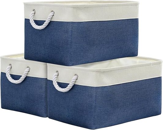 TheWarmHome Organization and Storage Basket for Organizing - X Large 3 Pack 17.7L×13.8W×9.8H in Collapsible Storage Bin for Shelves, Basket for Gifts Empty Toys Organizer Gift (White & Jean Blus)
