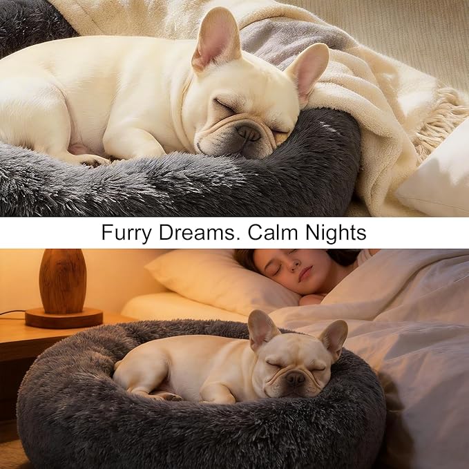 Dog Calming Beds for Small Medium Large Dogs - Round Donut Washable Puppy Dog Bed, Anti-Slip Faux Fur Fluffy Donut Cuddle Anxiety Cat Pet Bed(32" Dark Grey)