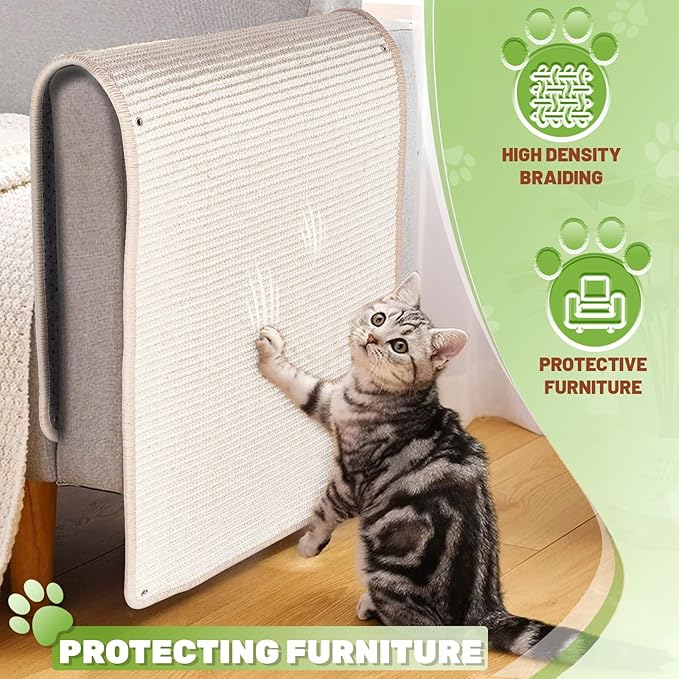 Natural Sisal Cat Scratcher Mat, Wall Scratcher Carpet, Cat Climbing Wall, Large Tall Scratching Post, Sofa Protector, Scratching Mat Pad for Indoor Cats (White, 39.3" Lx15.7 W, 2PCS)