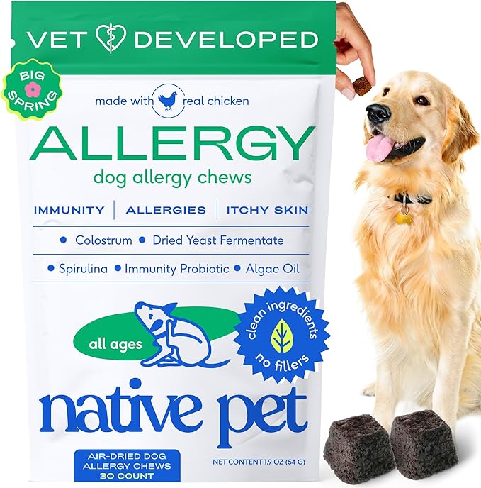 Native Pet Dog Allergy Chews - Dog Allergy Relief for Small Breeds - Supports Seasonal Itch Relief, Healthy Immune Function & Reduces Sneezing - Colostrum, Spirulina, & Probiotics - 30 Days Supply