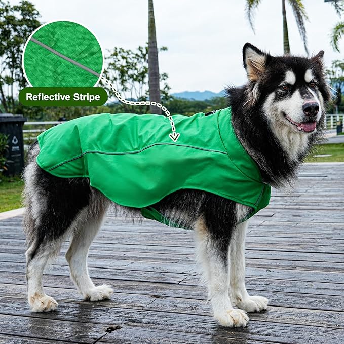 Outdoor Waterproof Dog Jacket for Large Dogs,Doggie Coats with Harness Buitl in D-Ring Warm Fleece Dog Clothes for Cold Winter,Green 3XL