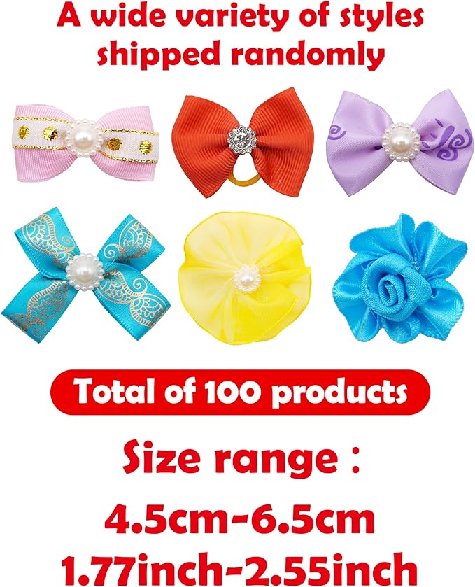 PET SHOW 100 Pack Dog Hair Bows with Rubber Bands for Small Medium Dogs Girls Boys Female Male Puppies Yorkies Topknot Cats with Long Hair Assorted Random Pet Grooming Accessories