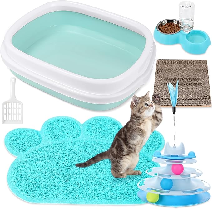 5 Pcs Small Cat Kitten Starter Kit Include Litter Box with Shovel Cat Paw Litter Mat Scratch Pad Automatic Bowls Turntable Toys Balls Essentials Kits for Kittens Life(Blue)