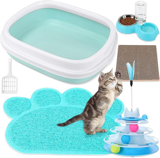 5 Pcs Small Cat Kitten Starter Kit Include Litter Box with Shovel Cat Paw Litter Mat Scratch Pad Automatic Bowls Turntable Toys Balls Essentials Kits for Kittens Life(Blue)