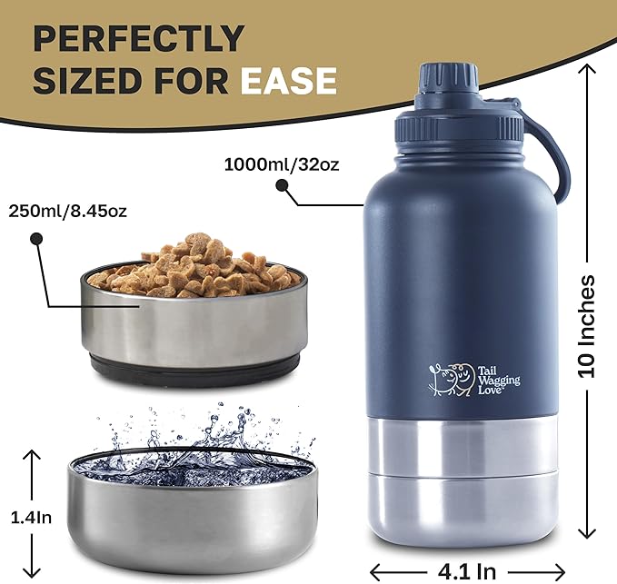 32oz 3-in-1 Portable Dog Travel Water Bottle, Food & Hydration Bottle - Dual Use for Humans & Pets with Detachable Bowls, Stainless Steel, Keeps Water Hot for 6hrs & Cold for 12hrs