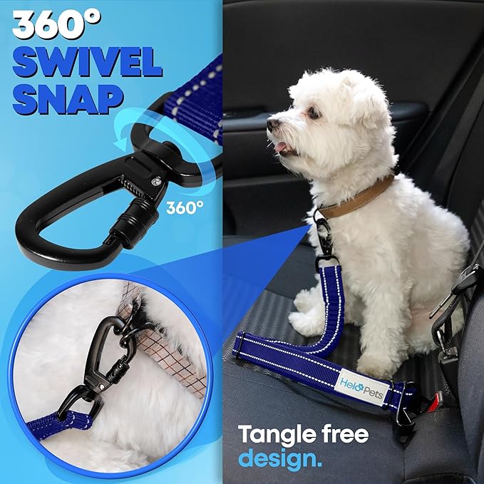 Dog Car Seat Belt 3-in-1 Adjustable Safety Seatbelt for Dogs in Car – Durable Extra Thick Nylon Webbing Bungee with Hook & Buckle Latch, Reflective Dog Harness (Blue).