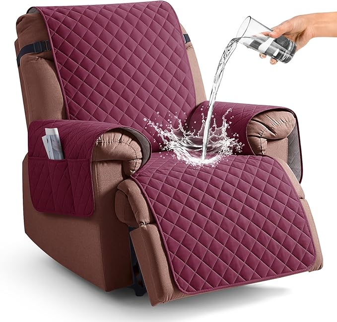 KinCam 100% Waterproof Recliner Chair Cover, Reclining Couch Covers for Pets, Dogs, Recliner Couch Slipcover Furniture Protector with Elastic Straps for Kids(28", Burgundy)
