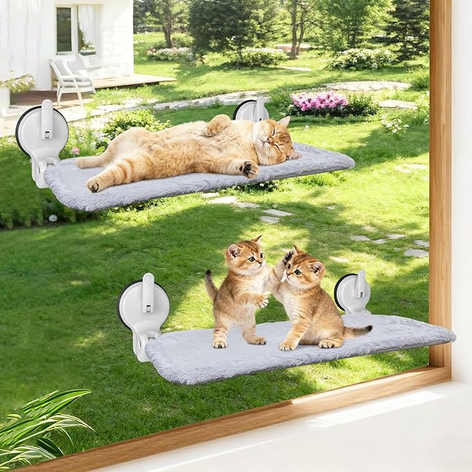 L&W BROS. 2PC Cat Window Perch with Lever Lock Suction Cups Holds up to 50 lbs Foldable & Space Saving Design Heavy Duty Window Hammock for Large or Multiple Cats (M 2Pc)