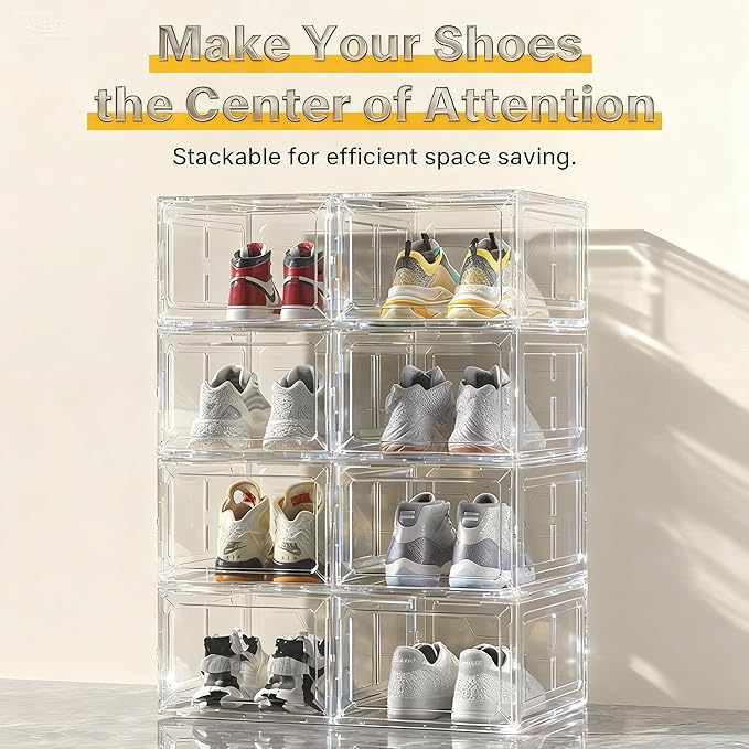 Stackable Clear Green Shoe Boxes 6 Pack with Magnetic Door, Drop Front Sneaker Storage Organizer for Closet, Large Transparent Plastic Shoe Storage Containers