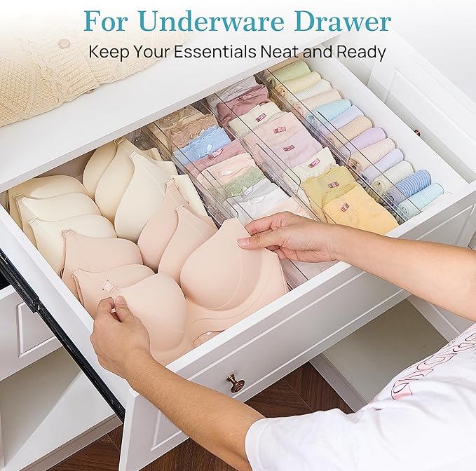 Vtopmart 18 Pack Drawer Dividers for Clothes, 4" High 10.2"-16.5" Adjustable Expandable Dresser Drawer Organizer, Clear Plastic Separators for Dresser, Baby Clothing, Underwear, Cosmetic, Toiletries