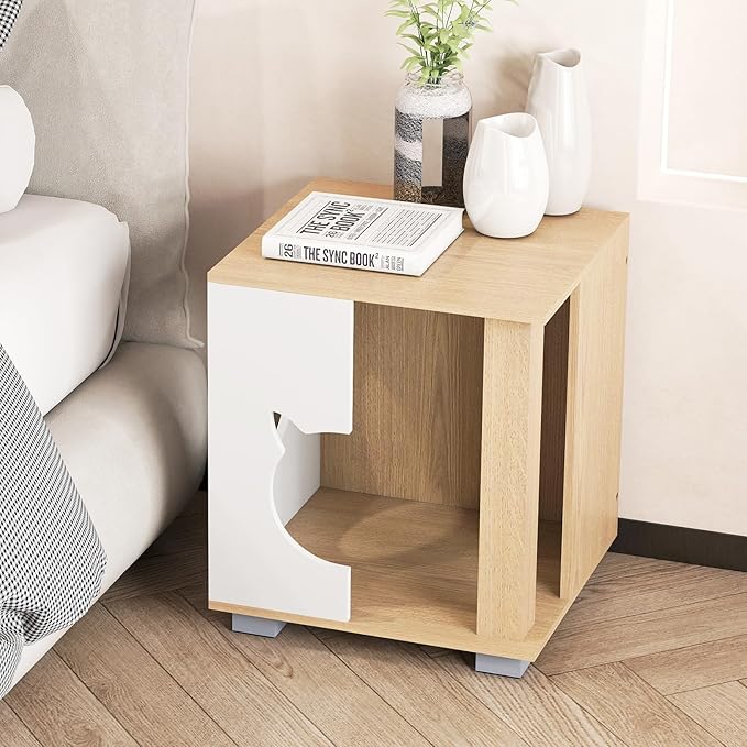 PETSITE Wooden Cat House, Indoor Cat Cave Nightstand Side End Table with Anti-Slip Robust Metal Legs, Spacious Tabletop, and Round Side Entrance, 17 x 16 x 19.5 Inches