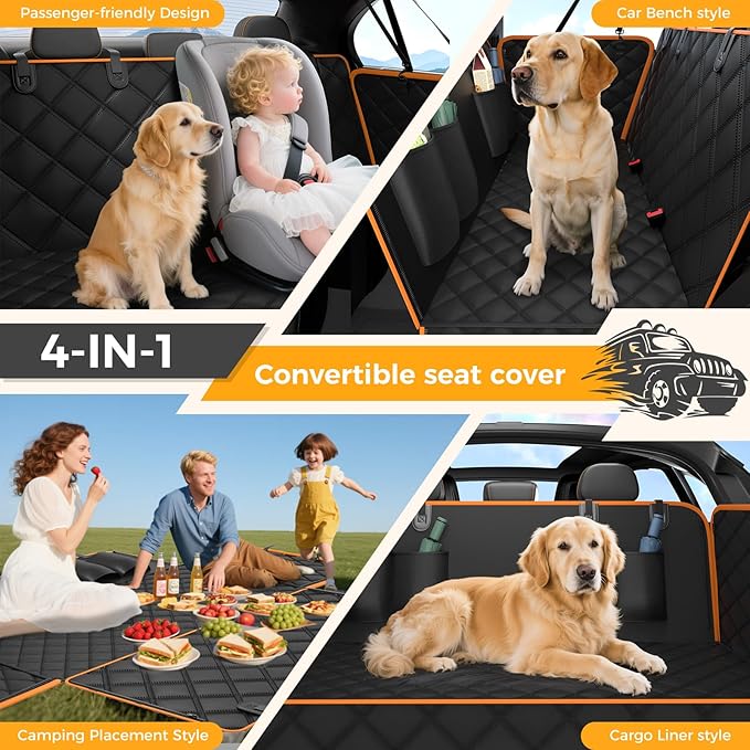 Dog Car Seat Cover for Back Seat,100% Waterproof Scratch Proof Nonslip Seat Cover,600D Heavy Duty Scratch Proof Nonslip Durable Soft Dog Hammock for Car for Cars Trucks and SUVs（Orange