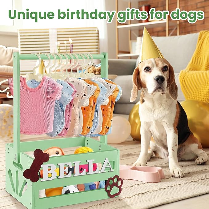 20" x 13" x 9" Wooden Dog Closet Pet Wardrobe Crate Box with Hanging Rods and Personalized Alphabet Letters Easy Assembly Baskets for Dog Cat Toys Clothes Accessories (Green)