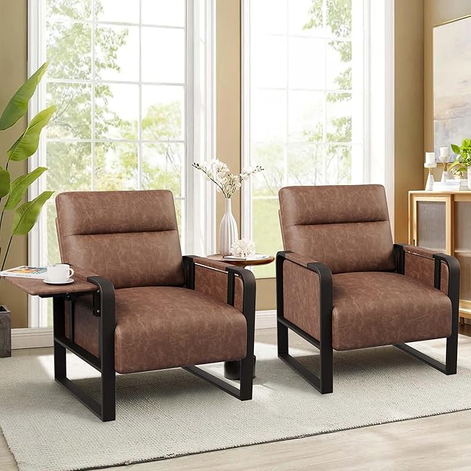 Modern PU Leather Accent Chairs Set of 2 Upholstered Armchairs with Tray Table Leisure Side Chairs for Living Room Bedroom Office Dark Brown