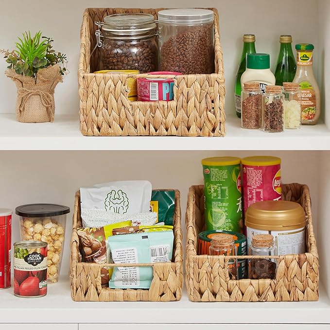 Vagusicc Wicker Storage Baskets for Organizing, 3-pack Hand-Woven Wicker Baskets with Built-in Handles, Water Hyacinth Storage Baskets for Shelves Storage, Small Pantry Baskets Kitchen Organizers