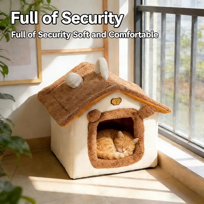 Lovely Cat Bed for Indoor Cats, Cartoon Pattern Cat Cave Bed with Handle Design, Soft Cat Hideaway Indoor Cat House for Kitten, Puppy & Small Pets (M)