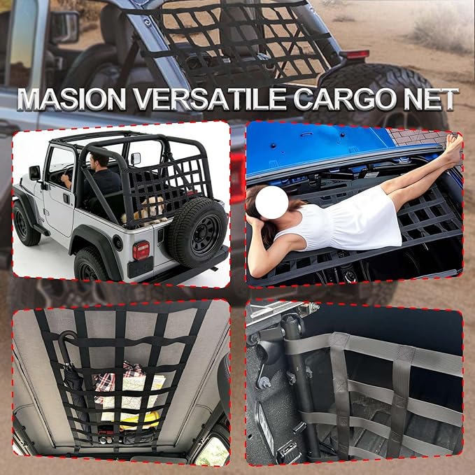 Universal Car Cargo Net & Hitch Hammock, Oversized Heavy-Duty Mesh Netting for Jeep Wrangler TJ JK JL 1997-2023 2/4 Door, Multi-Purpose Cargo Organizer, Camping Gear, Pet Barrier & Travel Accessory