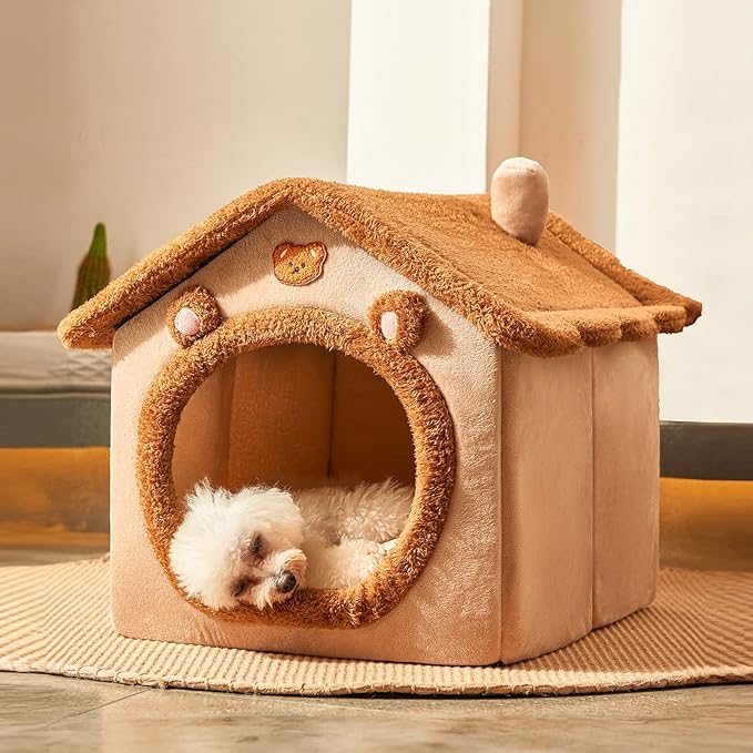 JIUPETY Cute Small Dog House Indoor, Foldable House Kennel Bed Mat with Cushion, L Size Tent for 11-16 lb Dogs and 18-22 lb Cats, Dog Cave Bed with Non-Slip Bottom, Brown