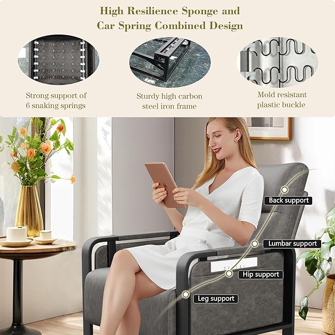 Modern PU Leather Accent Chairs Set of 2 Upholstered Armchairs with Tray Table Leisure Side Chairs for Living Room Bedroom Office Grey