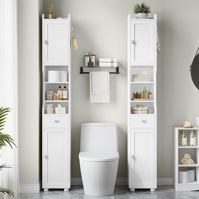 Bathroom Storage Cabinet, Tall Bathroom Cabinet, Freestanding Floor Cabinets with 2 Doors and 1 Drawer, Toilets Organizer with Adjustable Shelf, 1 Hook for Living Room, Kitchen, White 480013X