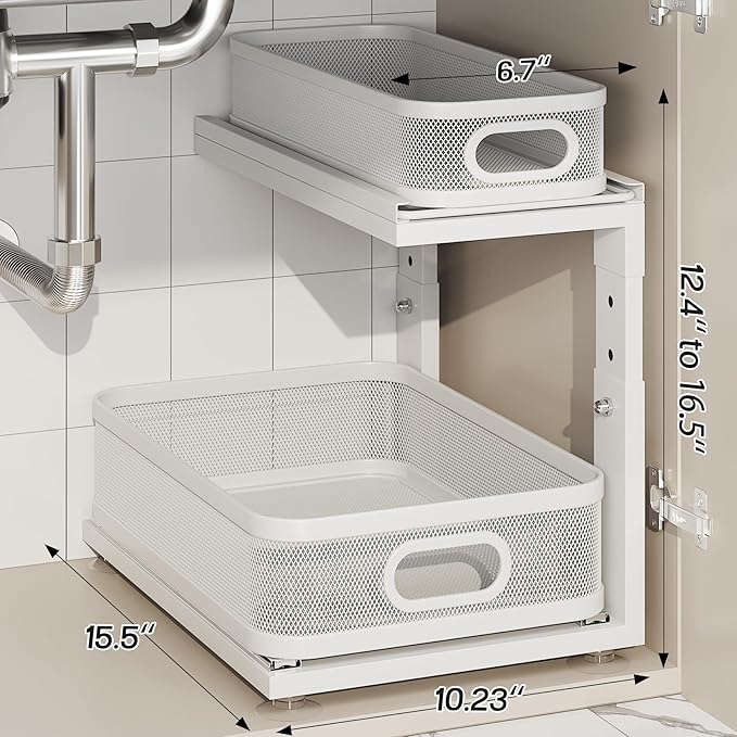 4 Pack Under Sink Organizer With Next-Gen Ball-Bearing Slides,2-Tier Precision Mesh Pull Out Cabinet Drawers Storage for Bathroom&Kitchen,Height Adjustable Shelf,Rust-resistant-White