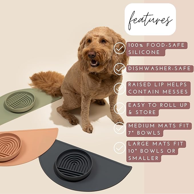 Should We Go - Waterproof Silicone Pet Food Mat - Non-Slip, Spill-Proof Feeding Mat for Floors, Raised Edge Design Easy-to-Clean Rubber Pad for Dog & Cat Bowls, 21" Across x 10.5" Deep, Medium-Spruce