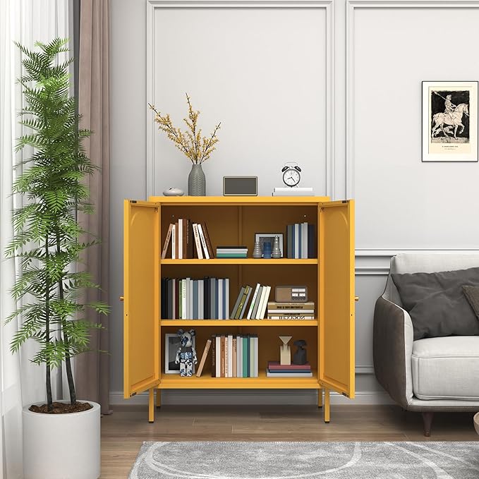 Metal Storage Cabinet with Lock, 2-Door Semi-Circular Steel Door, 2 Adjustable Shelves, Heavy Duty Secure Storage Unit for Home, Office, School, Yellow 36" H X 31.5" W X 13.8" D