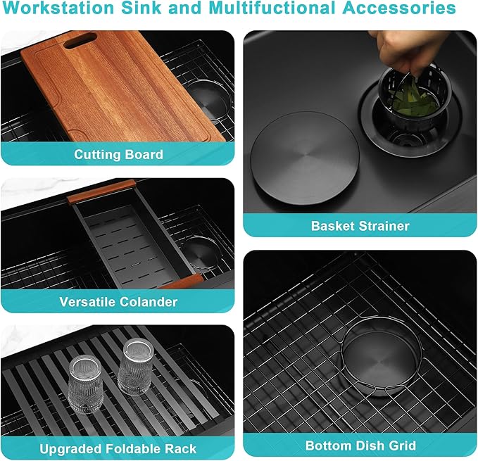 Black Undermount Kitchen Sink,16 Gauge Stainless Steel Sinks,Single Bowl Workstation Sink,Modern Kitchen Sink Offset Drain (33" X 18")