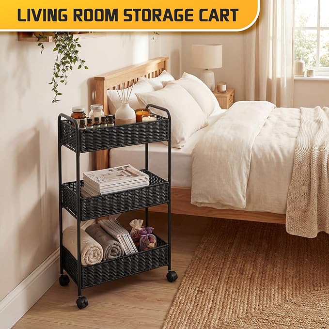 FOCHIER F Utility Slim Storage Cart,3-Tier Rolling Kitchen Office Laundry Room Cart,Mobile Shelving Unit Organizer for Living Room Bathroom Baby Diaper Narrow Places (Black, 3 Tiers-7.1 inch (W))
