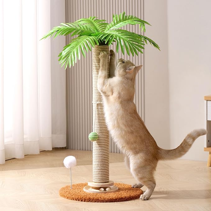 Cat Scratching Post Cat Tree, 32'' Tall Cute Palm Cat Scratcher Tower with Durable Solid Wood Turntable Toy, Sisal Rope Cat Scratcher Post with Interactive Ball for Indoor Adult Cats Climb Play