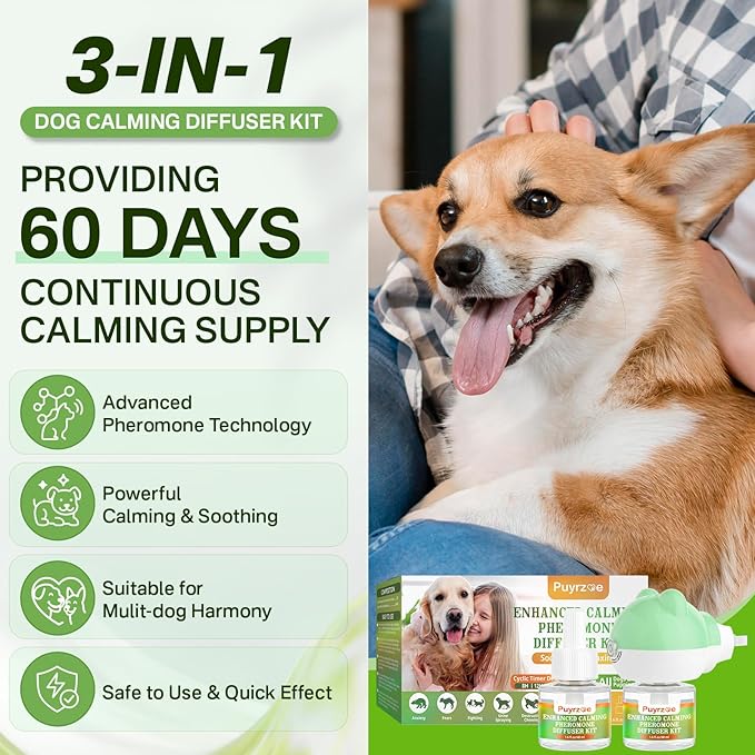 Dog Calming Diffuser with Timing Functions, 3-in-1 Dog Anxiety Relief Diffuser Kit, 120-Day Anxiety Relief, Stress Relaxation Pheromones Calming for All Dogs (1 Diffusers + 2 Refills)