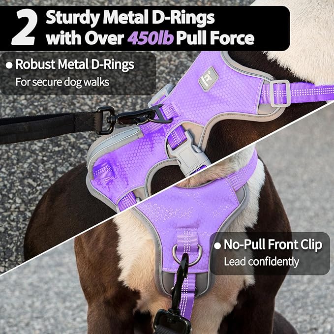 Huntboo Escape Proof Dog Harness, Escape Artist Harness, Reflective Harness with Padded Handle, Breathable, Adjustable Vest for Medium Dogs Walking, Training, and Running Gear (Lavender Purpled, M)
