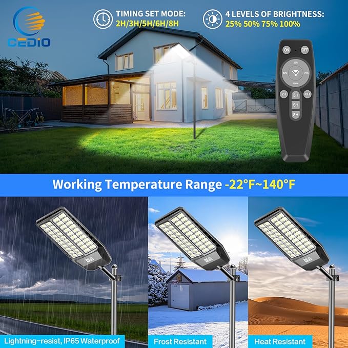 CEDIO Solar Street Lights, Outdoor Solar Lights IP66 Waterproof Street Light Dusk to Dawn, LED Flood Light with Motion Sensor for Yard (9800W-2PACK)