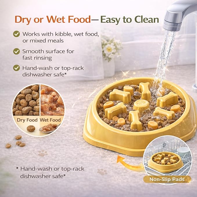 Slow Feeder Bowl for Small & Medium Cats & Dogs - Durable Slow Feeding Bowl with Non-Slip Base -Anti-Choking Puzzle Food Bowl for Dogs That Helps Mental Stimulation & Reduces Fast Eating-Yellow