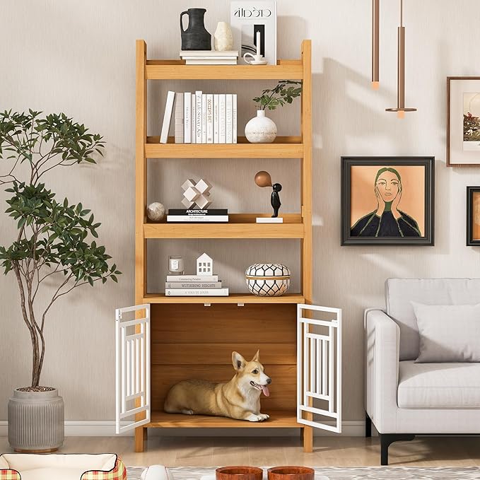 2-in-1 Modern Dog Crate & Bookcase - Space-Saving Leaning Ladder Design with Storage Shelves, Ancient Oak MDF & Steel, 76" H for Small to Medium Pets