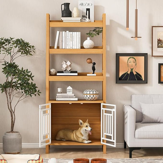 2-in-1 Modern Dog Crate & Bookcase - Space-Saving Leaning Ladder Design with Storage Shelves, Ancient Oak MDF & Steel, 76" H for Small to Medium Pets