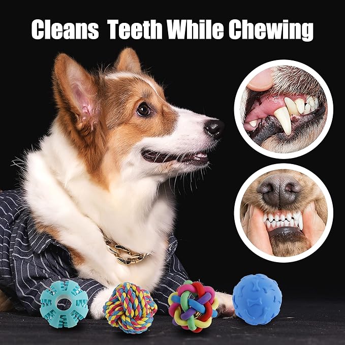 Interactive Dog Toys Ball 4 Pack Dog Puzzle Toys, Treat Dispensing Dog Toy, Dog Chew Teething Toys,Dog Squeaky Ball, Dog Rope Ball, for Tooth Cleaning, Chewing, Playing