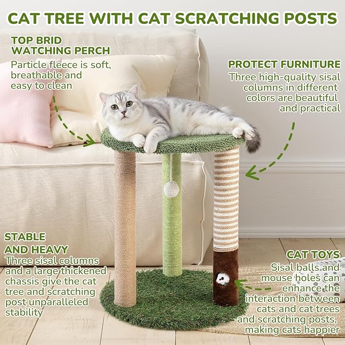 Cat Tree Tower with 3 Scratcher Posts 17inch Tall Cat Tree Sisal Scratching Posts with Fun Cat Toys for Kitty and Adult Cats Small Cat Tower and Perch Bed for Indoor Cats (Green)