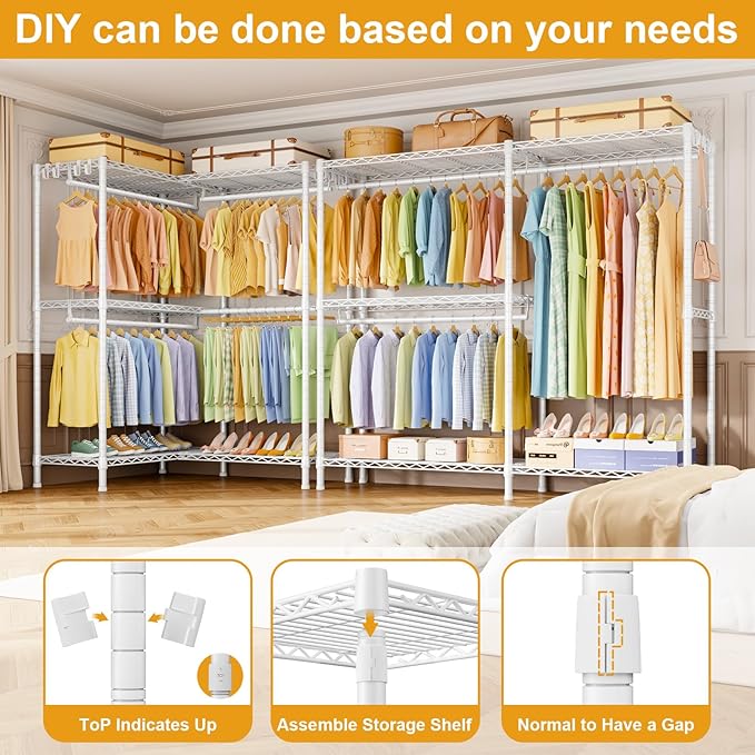E15 Garment Rack L Shaped Clothes Rack for Corner，Freestanding Clothing Racks for Hanging Clothes，Heavy Duty Closet Organizer with 4 Hanging Rods & 8 S Hooks，43.3" W x 29.4" D x 78.4" H，White