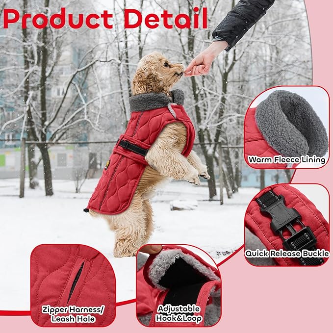 Dog Winter Coat, Adjustable Quilted Dog Snow Jacket with Fleece Lining, Water Resistant Pet Apparel for Cold Weather, Warm Large Doggie Coat with Leash Hole and Reflective Strip, NewRed L