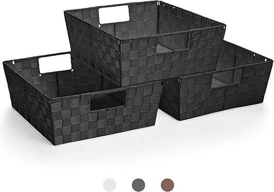 Sorbus Set of 3 Large Woven Storage Baskets – Mesh Hand-Woven Baskets for Organizing, Fabric Storage Bins for Linen Closet Organizer, Storage Baskets for Shelves and Home Organization (Black)