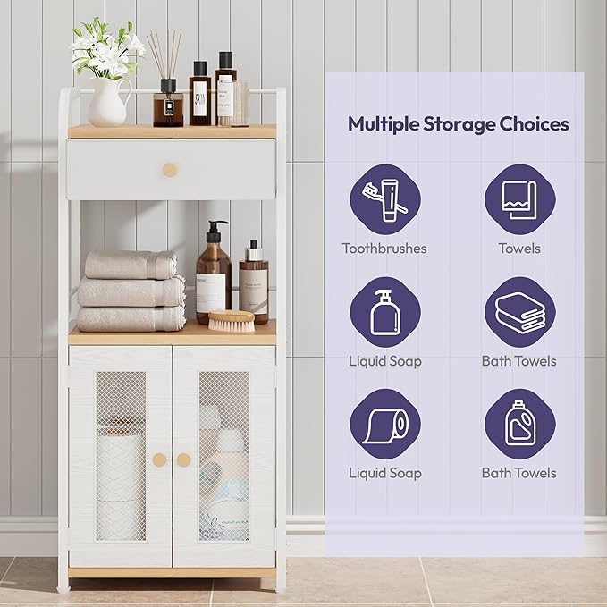 SWTYMIKI 14.57"x32.28" Bathroom Storage Cabinet – Freestanding Storage Cabinet with Doors and Drawer, Bathroom Organizers and Storage for Small Spaces – Ideal for Towels and Toiletries, Natural