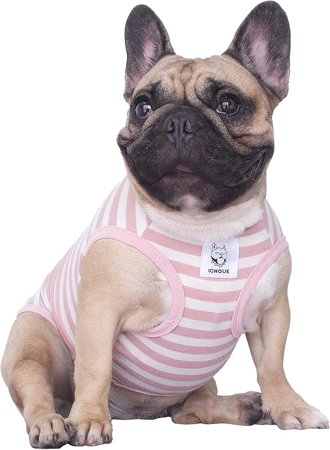 iChoue French Bulldog 100% Breathable Cotton Striped T Shirts Halloween Vest Clothes for Medium Dogs Tank Tops Frenchie Pug English Boston Terrier Pitbull Pink White Stripes - Large