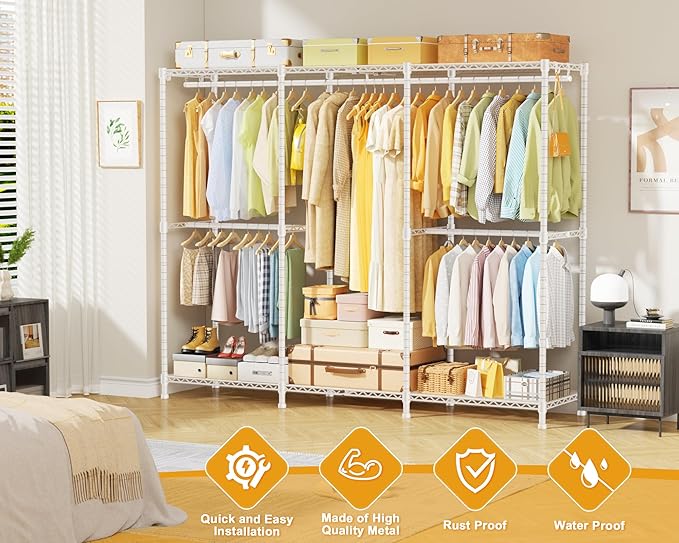 E14 Pro Heavy Duty Clothes Rack，Freestanding Clothing Racks for Hanging Clothes，Adjustable Closet Organizers and Storage，Metal Garment Rack with Shelves 69"W x16"D x77"H，Max Load 960LBS，White
