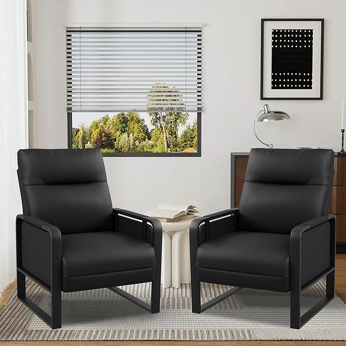 Black PU Leather Accent Chairs Set of 2 with Side Table Modern Upholstered Armchair Leisure Chairs for Living Room Bedroom Office Club Chair