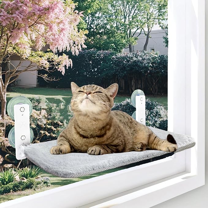 Cat Window Perch, Cordless Foldable Cat Hammock for Indoor Cats with Upgraded Suction Cups Strong Metal Frame Holds Up to 44lbs (L 1PC)